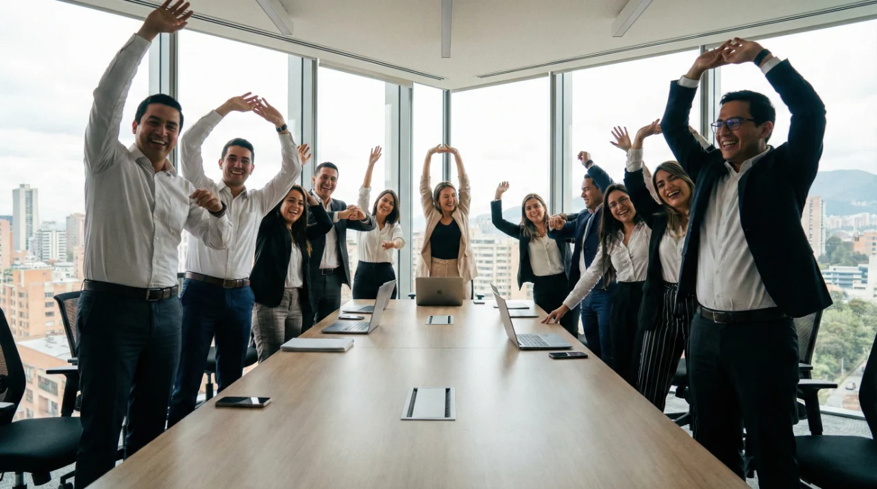 Grupo de personas en sala empresarial realizando actividad de regulación corporal y estiramiento con Gestión D'Estrés